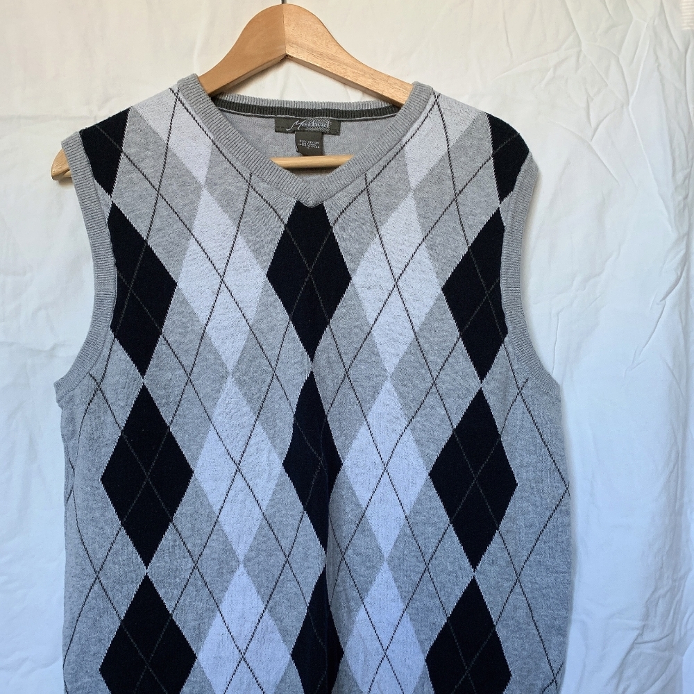 Method, Size L, Gray Checkered V-neck Sweater Vest, 100% Cotton